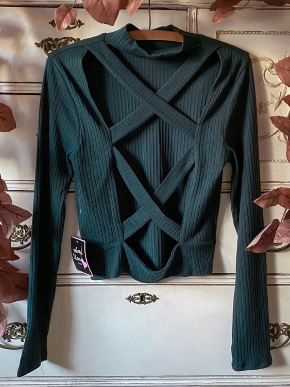 Women's Dark Green Ribbed Cross-Cut Long Sleeve Top